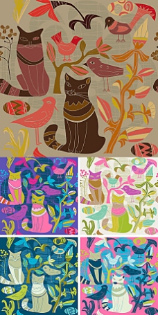 艺术彩绘猫和小鸟矢量素材