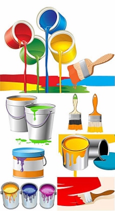 潮流素材彩色油漆桶及刷子矢量素材