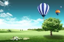 绿树绿荫热气球树木山坡