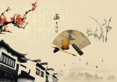 中国风设计中国风海报设计画梅花扇子