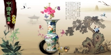 中国风展板挂画中国印象青花瓷花朵蝴蝶