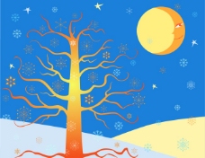 雪山卡通月亮和树