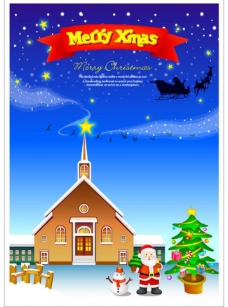 圣教圣诞教堂圣诞老人木屋雪人圣诞树夜空矢量素材图片