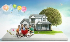蓝天白云草地幸福家庭素材图片