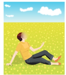 坐在草地上仰头望天空的女人