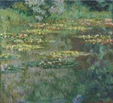 木材绿色水池花池莫奈油画图片